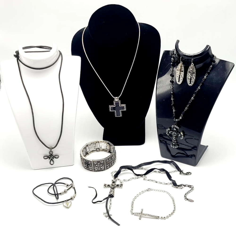 Cross Jewelry Lot Black and Silver Rhinestones Necklaces Bracelets Earrings